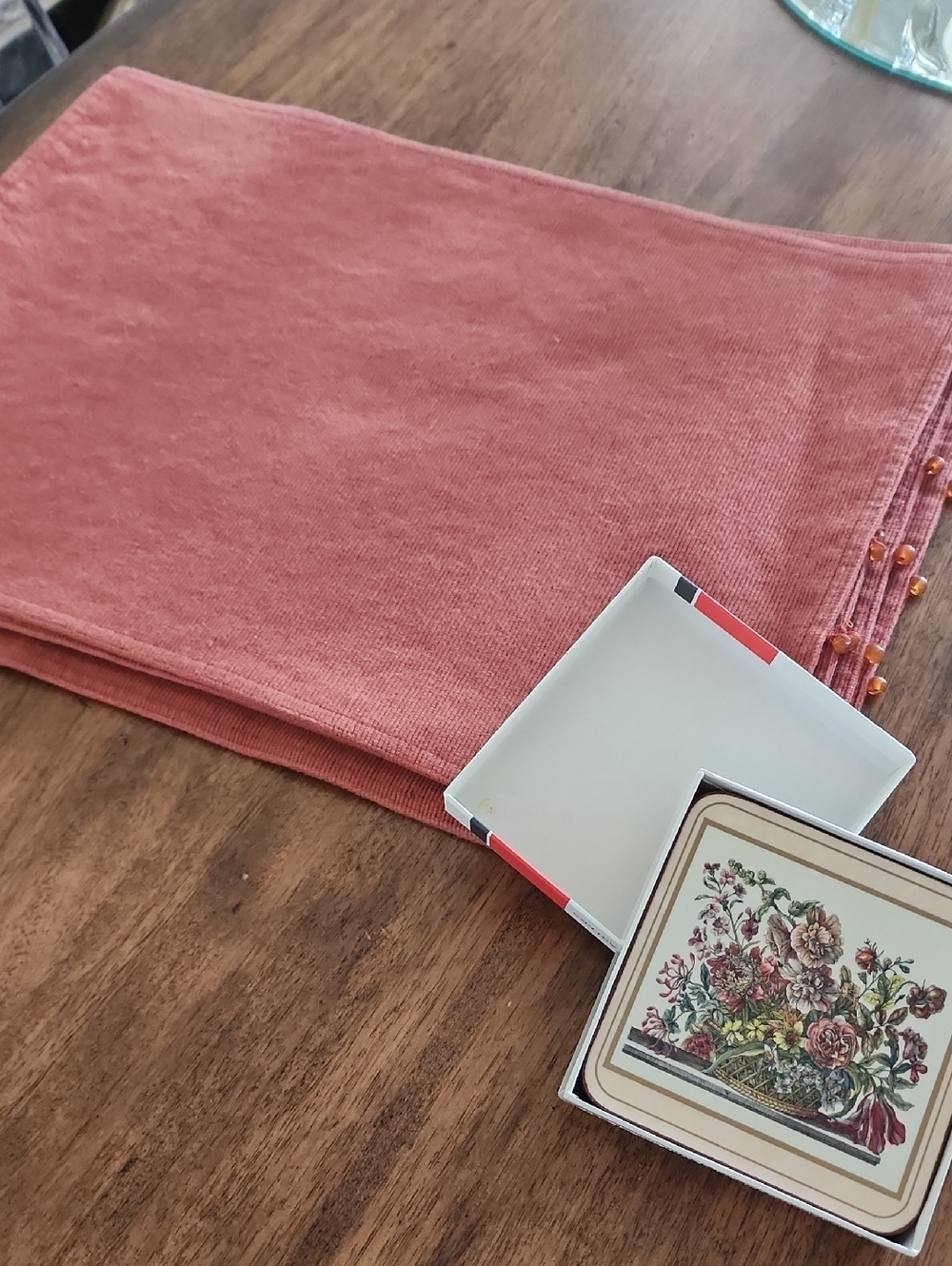 Coral Knit Table Runner with Beaded Fringe W/ 2 Free Coasters